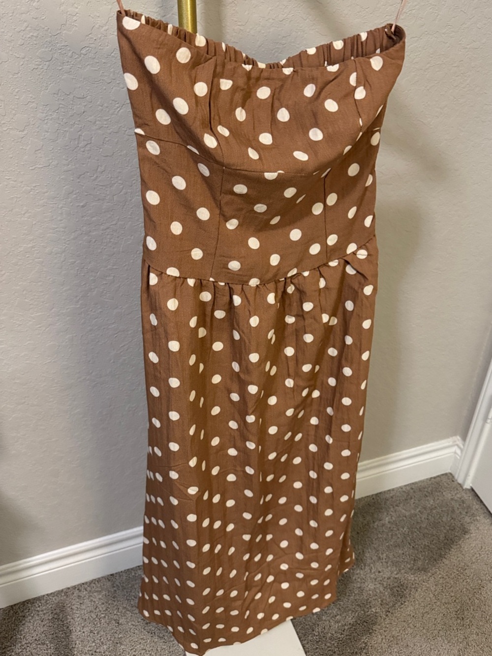Boutique Brand The Workshop Strapless Brown and White Polka Dot Midi Dress